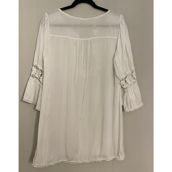Solitaire Swim White Tunic Cover-Up Medium Lace V-Neck Embroidered Bell Sleeve - Picture 4 of 9